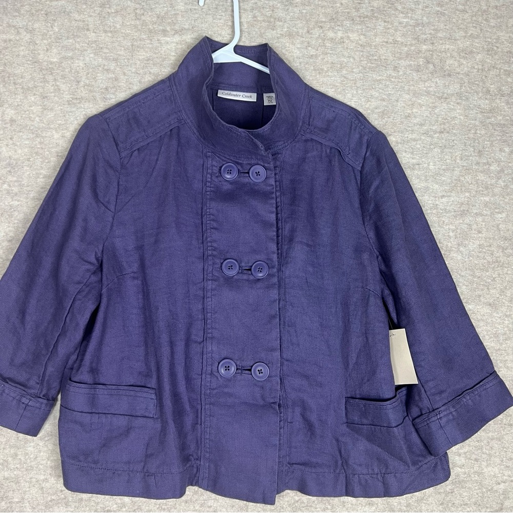 Coldwater Creek Women's Linen Purple Double-Breasted Flare Jacket - Size PM